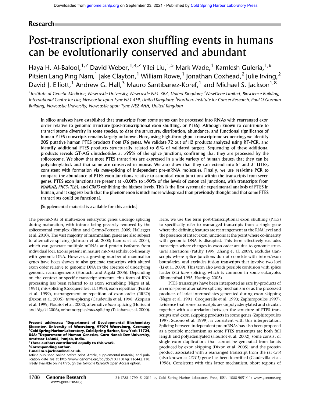 Post-Transcriptional Exon Shuffling Events in Humans Can Be Evolutionarily Conserved and Abundant