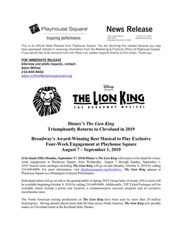 Disney's the Lion King Triumphantly Returns to Cleveland in 2019