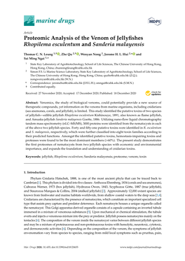 Proteomic Analysis of the Venom of Jellyfishes Rhopilema Esculentum and Sanderia Malayensis