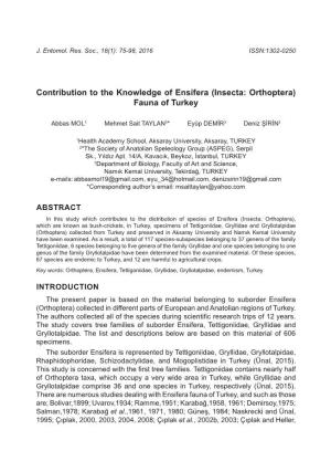 Contribution to the Knowledge of Ensifera (Insecta: Orthoptera) Fauna of Turkey