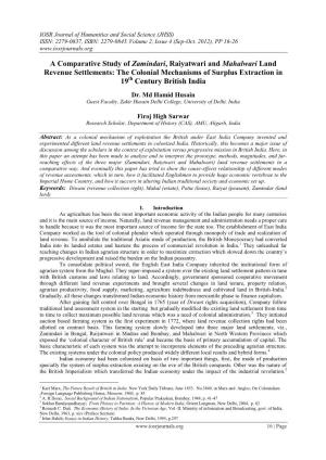 A Comparative Study of Zamindari, Raiyatwari and Mahalwari Land Revenue Settlements: the Colonial Mechanisms of Surplus Extraction in 19Th Century British India