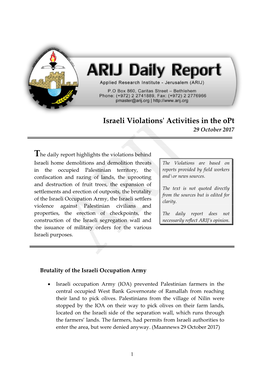 Israeli Violations' Activities in the Opt 29 October 2017