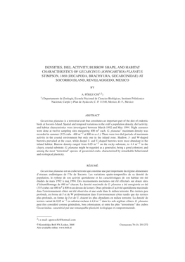 Densities, Diel Activity, Burrow Shape, and Habitat Characteristics of Gecarcinus (Johngarthia) Planatus Stimpson, 1860 (Decapod