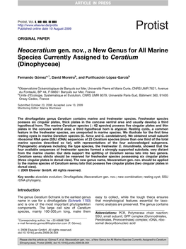Neoceratium Gen. Nov., a New Genus for All Marine Species Currently Assigned to Ceratium (Dinophyceae)
