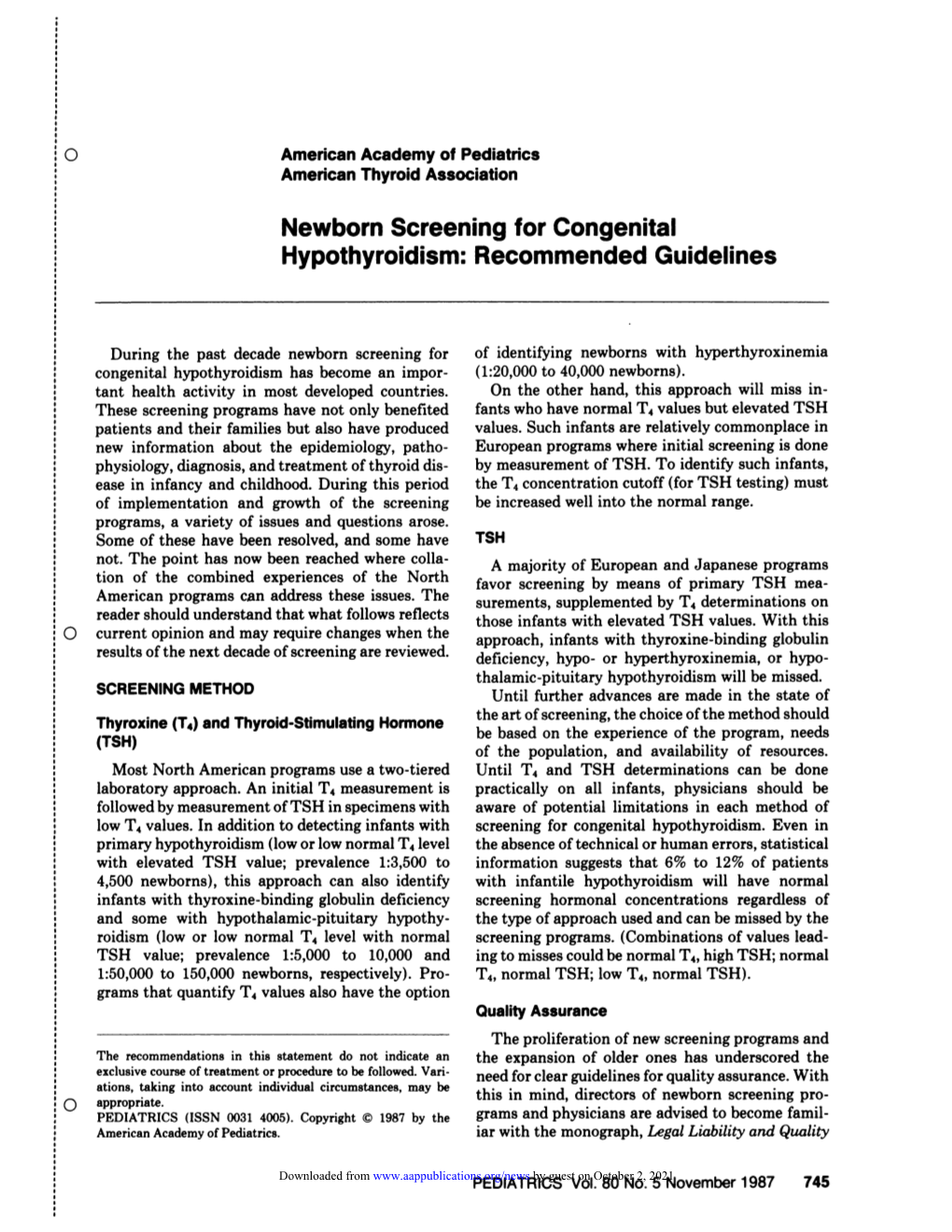 Newborn Screening for Congenital Hypothyroidism: Recommended Guidelines