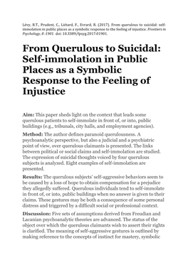 From Querulous to Suicidal: Self-Immolation in Public Places As a Symbolic Response to the Feeling of Injustice