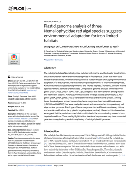 Plastid Genome Analysis of Three Nemaliophycidae Red Algal Species Suggests Environmental Adaptation for Iron Limited Habitats