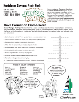 Cave Formation Find-A-Word Junior Ranger Activity: “Speleothem” Is a Word Scientists Use When They Mean All Cave Formations, Not Just One Type