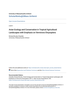 Avian Ecology and Conservation in Tropical Agricultural Landscapes with Emphasis on Vermivora Chrysoptera