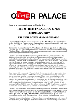 The Other Palace to Open February 2017 the Home of New Musical Theatre