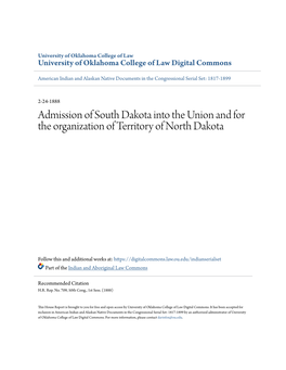 Admission of South Dakota Into the Union and for the Organization of Territory of North Dakota