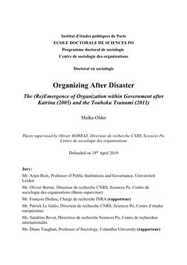 Organizing After Disaster the (Re)Emergence of Organization Within Government After Katrina (2005) and the Touhoku Tsunami (2011)
