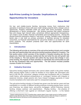 Sub-Prime Lending in Canada: Implications & Opportunities