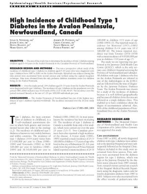 High Incidence of Childhood Type 1 Diabetes in the Avalon Peninsula, Newfoundland, Canada