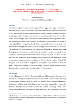 Existence, Meaning and the Law of Excluded Middle. a Dialogical Approach to Hermann Weyl’S Philosophical Considerations