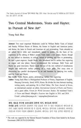 Two Central Modernists, Yeats and Hayter, in Pursuit of New Art*