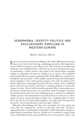 Xenophobia, Identity Politics and Exclusionary Populism in Western Europe