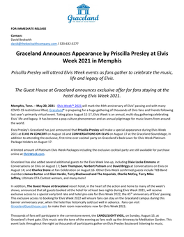 Graceland Announces Appearance by Priscilla Presley at Elvis Week 2021 in Memphis