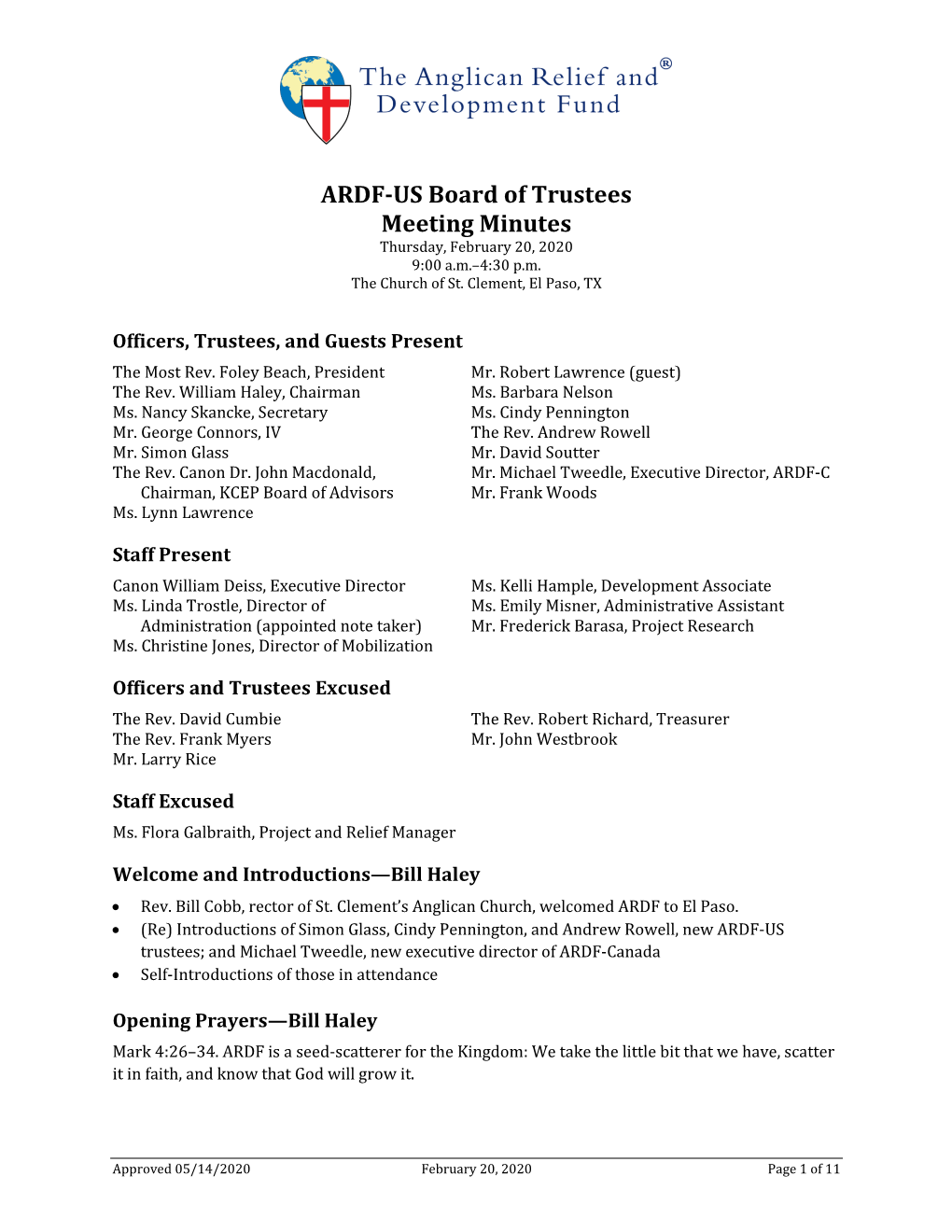 ARDF-US Board of Trustees Meeting Minutes Thursday, February 20, 2020 9:00 A.M.–4:30 P.M