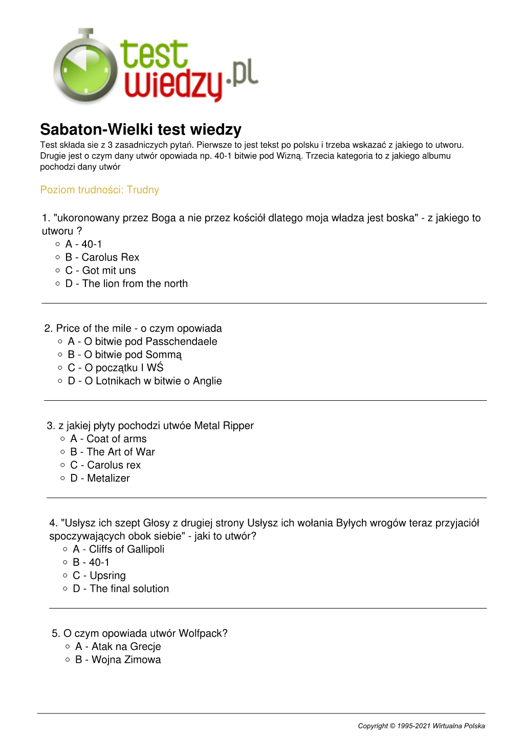 Sabaton-Wielki Test Wiedzy Test Składa Sie Z 3 Zasadniczych Pytań