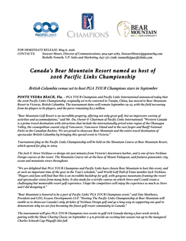 Canada's Bear Mountain Resort Named As Host of 2016 Pacific Links