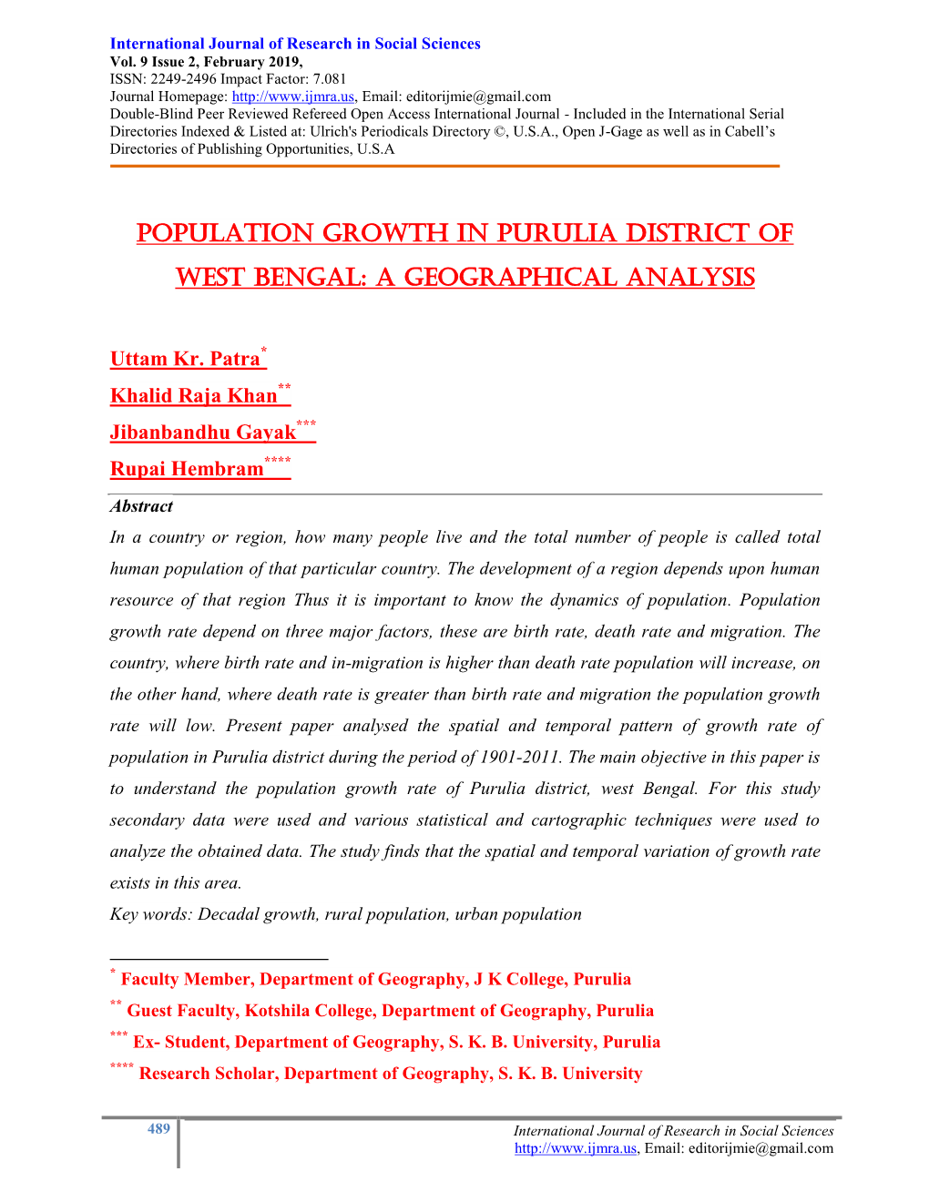 Population Growth in Purulia District of West Bengal: a Geographical Analysis