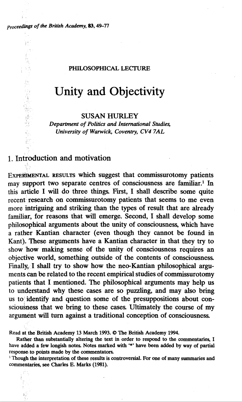 Unity and Objectivity