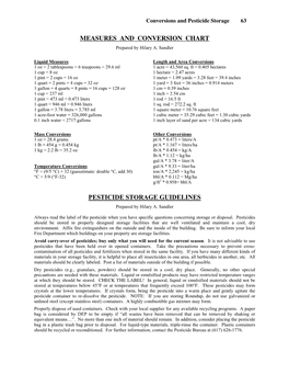 Measures and Conversion Chart Pesticide Storage