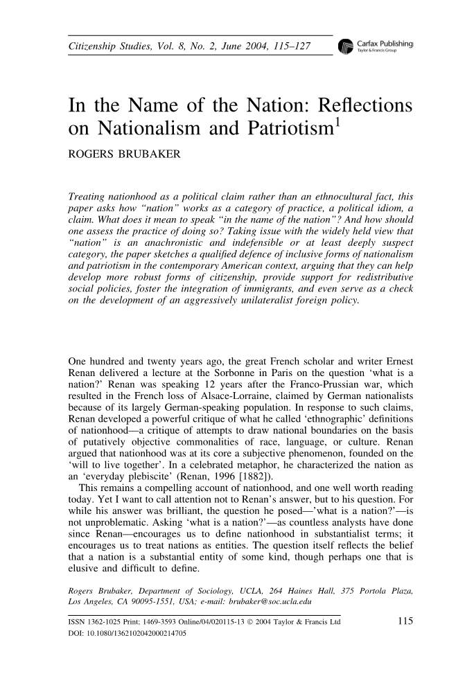 In the Name of the Nation: Reflections on Nationalism and Patriotism