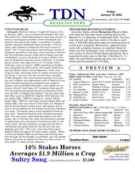 14% Stakes Horses Averages $1.9 Million a Crop