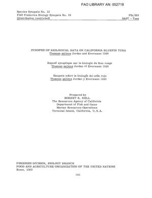 SYNOPSIS of BIOLOGICAL DATA on CALIFORNIA BLUEFIN TUNA Thunnus Saliens Jordan and Evermann 1926