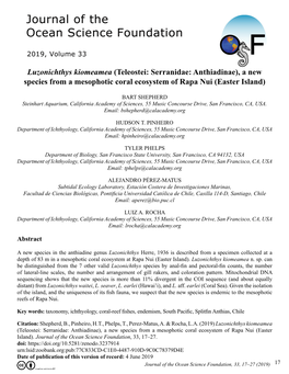 Luzonichthys Kiomeamea (Teleostei: Serranidae: Anthiadinae), a New Species from a Mesophotic Coral Ecosystem of Rapa Nui (Easter Island)