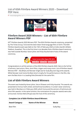 List of 65Th Filmfare Award Winners 2020 – Download PDF Here