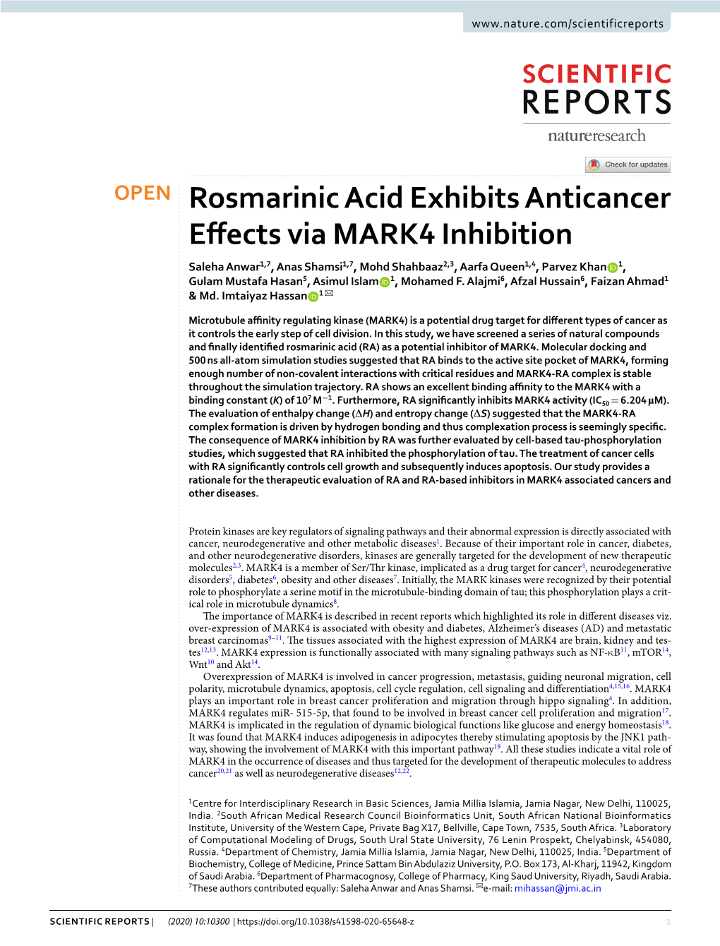 Rosmarinic Acid Exhibits Anticancer Effects Via MARK4 Inhibition