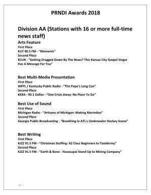 PRNDI Awards 2018 Division AA (Stations with 16 Or More Full-Time