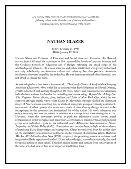 Nathan Glazer Was Spread Upon the Permanent Records of the Faculty