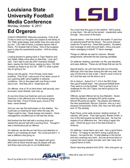 Louisiana State University Football Media Conference Ed Orgeron