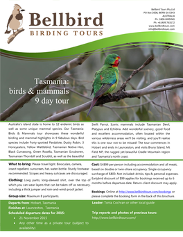 Tasmania: Birds & Mammals 9 Day Tour