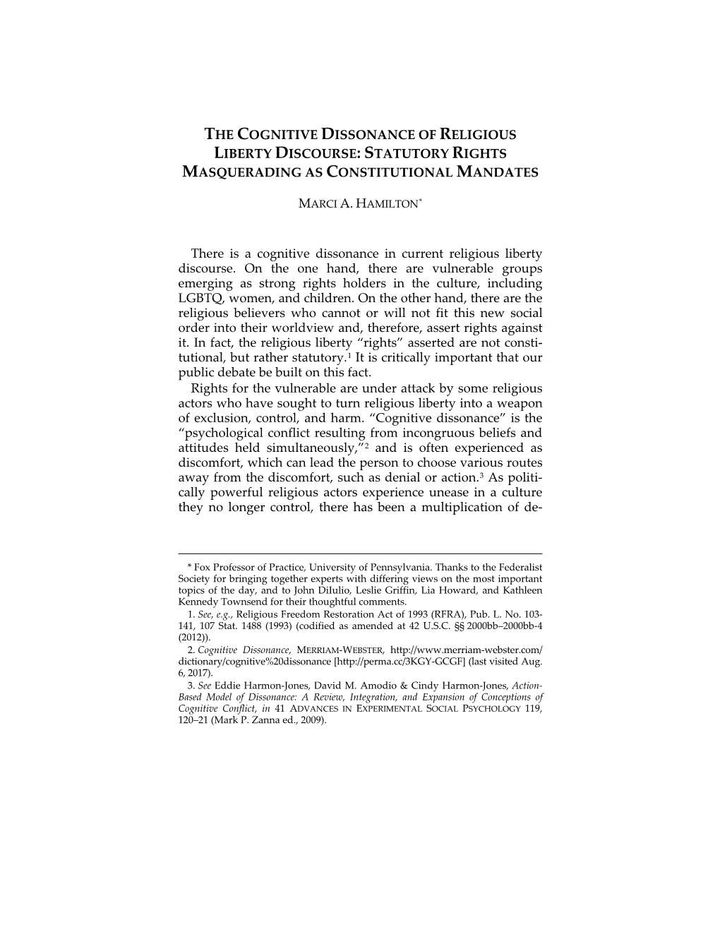 The Cognitive Dissonance of Religious Liberty Discourse: Statutory Rights Masquerading As Constitutional Mandates