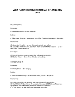 Wba Ratings Movements As of January 2011