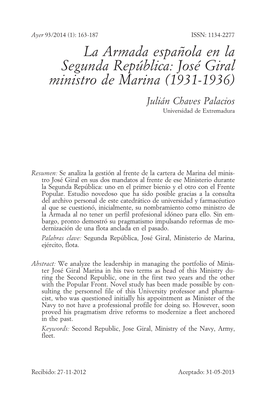 La Armada Española En La Segunda República: José Giral Ministro De Marina (1931-1936) Julián Chaves Palacios Universidad De Extremadura