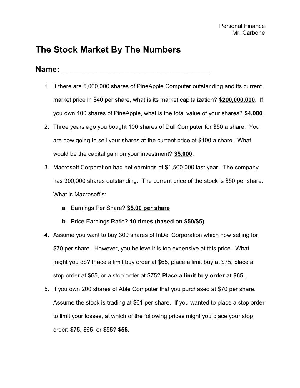 Quantitative Review for Stock Market Assessment Test