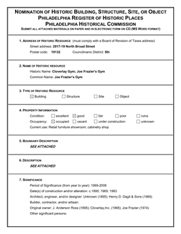 Nomination of Historic Building, Structure, Site, Or