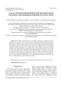 A Survey of the Potential Distribution of the Threatened Tortoise Centrochelys Sulcata Populations in Burkina Faso (West Africa)