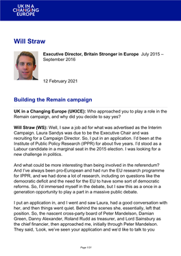 Brexit Interview: Will Straw