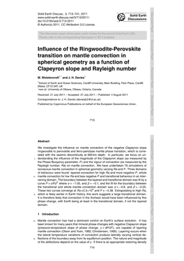 Influence of the Ringwoodite-Perovskite Transition on Mantle Convection in Spherical Geometry As a Function of Clapeyron Slope A