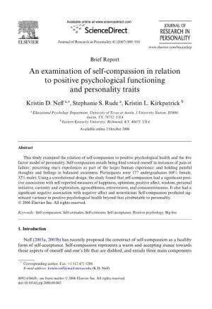 An Examination of Self-Compassion in Relation to Positive Psychological Functioning and Personality Traits