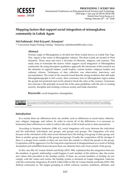 Mapping Factors That Support Social Integration of Minangkabau Community in Luhak Agam