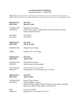 SAN FRANCISCO SYMPHONY Broadcast Schedule — Spring 2020