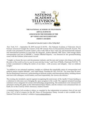 THE NATIONAL ACADEMY of TELEVISION ARTS & SCIENCES ANNOUNCES the WINNERS of the 40TH NEWS and DOCUMENTARY EMMY® AWARDS Pres